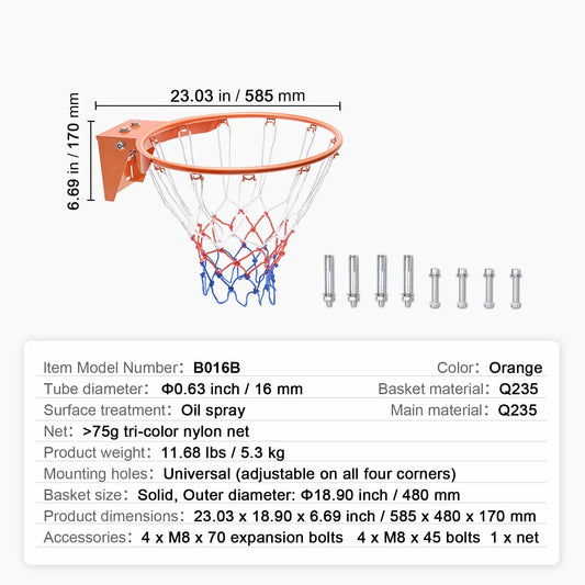 Doba Basketball Rim, Wall Door Mounted Basketball Hoop, Heavy Duty Q235 Basketball Flex Rim Goal Replacement with Net, Standard 18" Indoor and Outdoor Hanging Basketball Hoop for Kids Adults 2 Separated