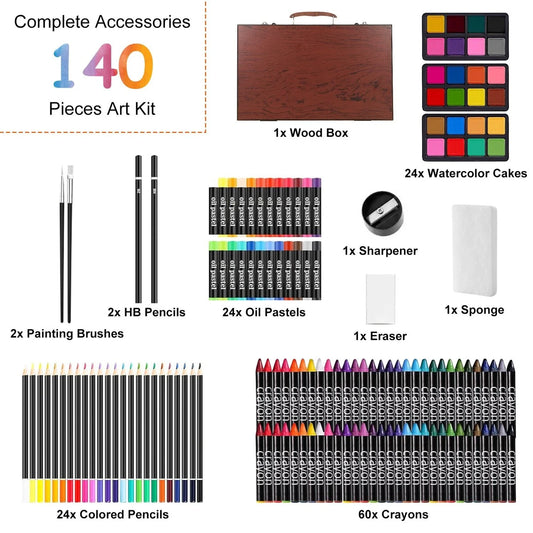 Doba 140Pcs Art Supplies With Colored Pencils Oil Pastels Crayons, Watercolor Cakes Brushes Sharpener Eraser In Elegant Wooden Box Professional Art Kit For Kids Adults Beginners Pros