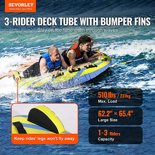 Doba Towable Tube for Boating, 1-3 Riders Inflatable Towable Tube with Bumper Fins, 510 lbs Water Sport Towable Tubes for Boats to Pull, Full Nylon Cover, EVA Grab Handles and Speed Safety Valve