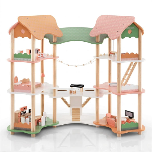 Doba 3-Tier Dollhouse with 7 Rooms & 31 Cute Furniture, MDF+Pine Wood Corner Design Kids Toy default title
