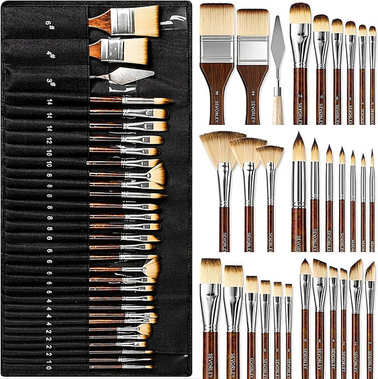 Doba 30pcs Paint Brush Set, Professional Paintbrushes with Paint Spatula and Cloth Roll, Craft Paint Brushes for Acrylic Painting, Oil, Watercolor, Gouache, Art Supplies for Artists and Beginners Wood