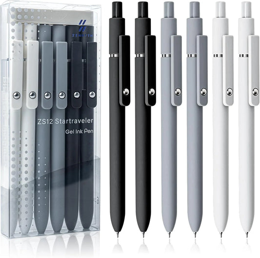 Doba 6 Pcs Gel Pens 0.5mm Quick Dry Black Ink Pens Fine Point Smooth Writing Pen, Cute Office and School Supplies Gifts for Women Teacher Students (6 Pcs Black White Grey Silver) Ink Color