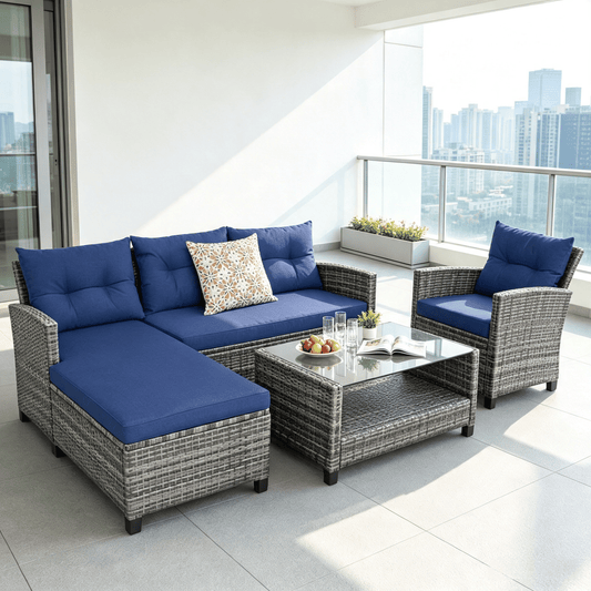 Doba 4 Pieces Patio Sofa Set Rattan Furniture with Cushion And 2-Tier Coffee Table Outdoor Living Room Set Gray