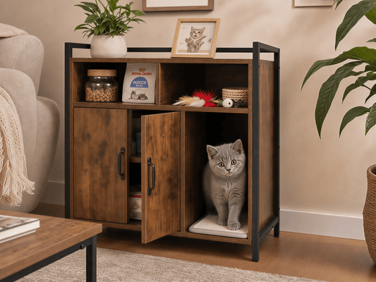 Doba Rustic Brown Wooden Cat Litter Box Enclosure, Spacious Hidden Cat Litter Box with Scratching Mat Furniture for Bedroom, Bathroom, Living Room-31.9"x17.7"x31.4", 61 lbs as Pic