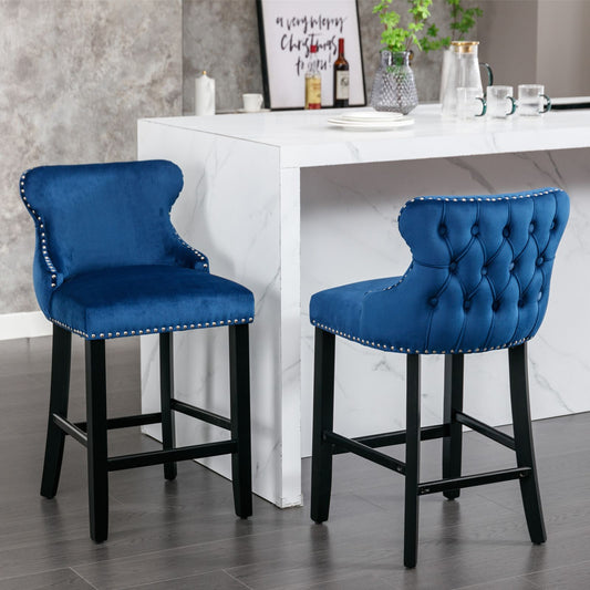 Doba A&A Furniture,Contemporary Velvet Upholstered Wing-Back Barstools with Button Tufted Decoration and Wooden Legs, and Chrome Nailhead Trim, Leisure Style Bar Chairs,Bar stools,Set of 2 (Blue),SW1824BL as Pic