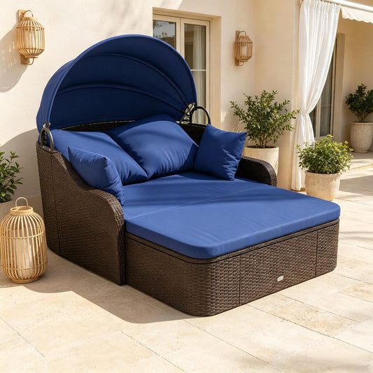 Doba Patio PE Rattan Daybed Outdoor Sofa Set with Retractable Canopy Soft Cushions Comfortable Relaxing Garden Furniture Navy