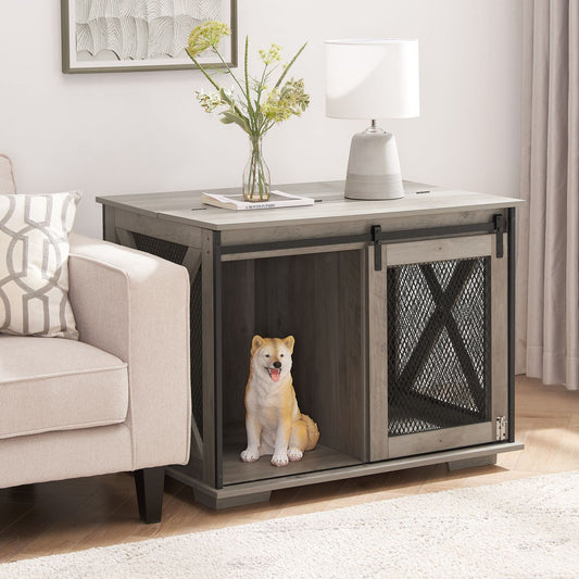 Doba Farmhouse Dog Cage Crate Furniture with Sliding Barn Door, Farmhouse Wooden Dog Kennel End Table with Flip-top Plate Dog House with Detachable Divider for Small/Medium/Large Dog Gray as Pic