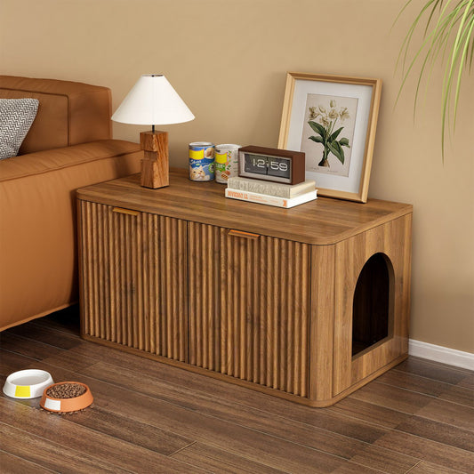 Doba 31.5" Walnut Cat Litter Box Enclosure Furniture, Large Decorative Hidden Litter Box Cabinet, Fluted Mid Century Modern Kitty End Table for Living Rooms, Bedrooms, Entryways (WALNUT) as Pic