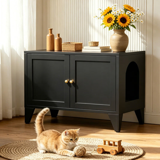 Doba Metal Cat Litter Box Enclosure, Modern Hidden Litter Box Furniture Indoor Pet House, Freestanding Cat Washroom Cabinet Fits Most Standard Litter Boxes, Black Decorative Pet Side Table for Home Black Metal