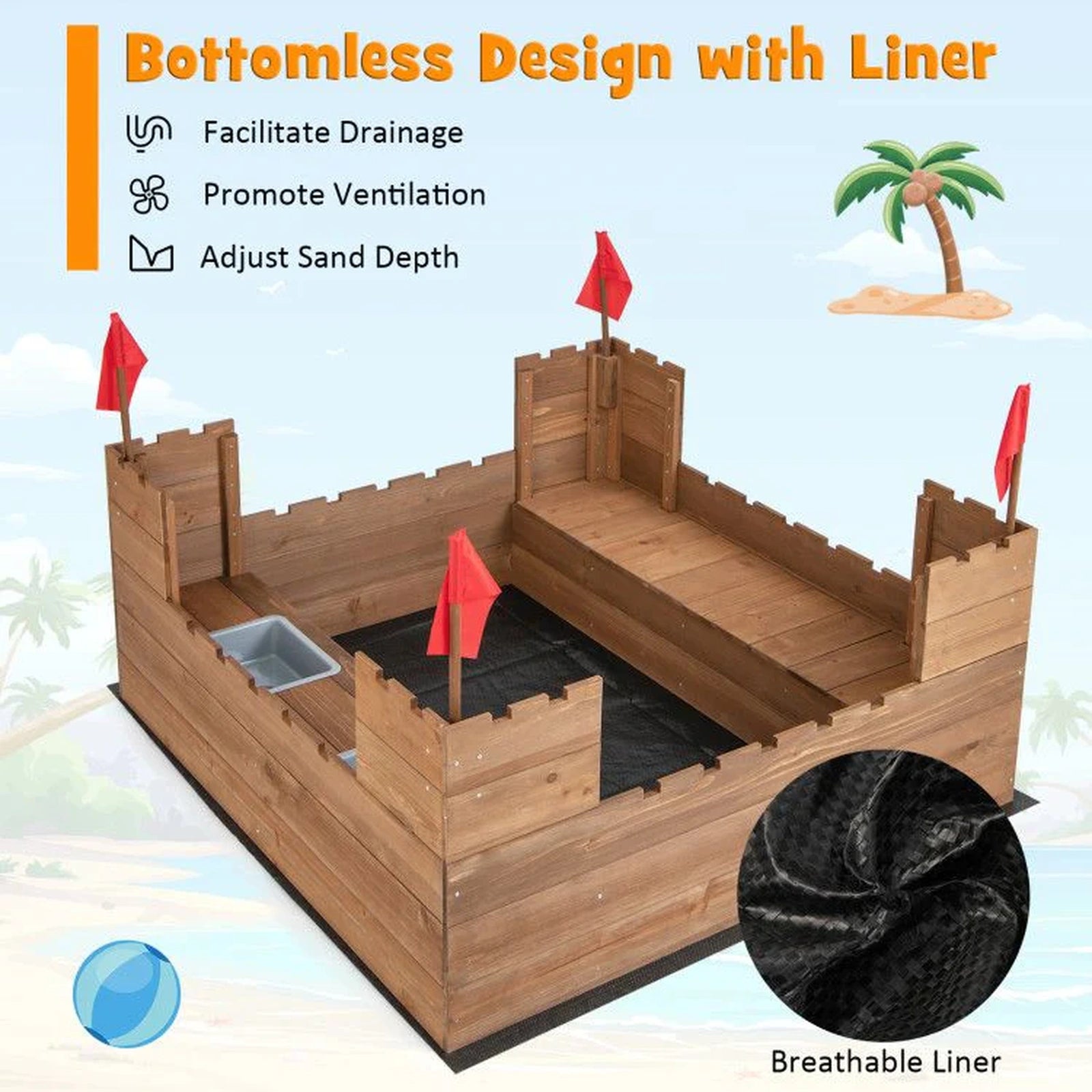 Doba Kids Wooden Sandbox with Bottom Liner and Red Flags