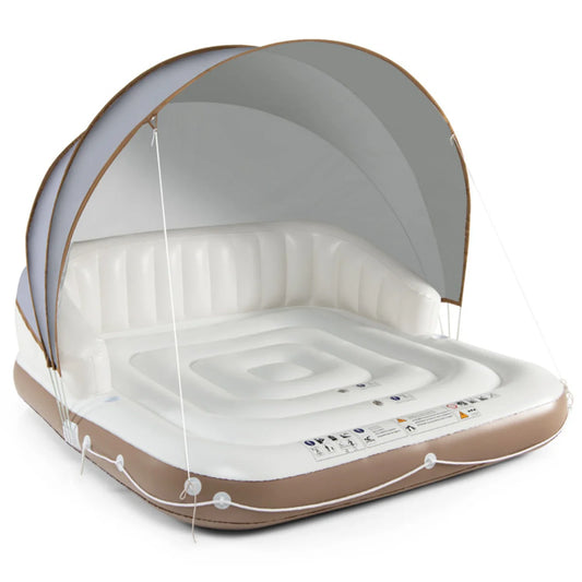SEVORLEY Inflatable Floating Island Lounge – 71" x 71" Water Raft with Adjustable Removable Sunshade Canopy, SPF50+ Protection, Cup Holders, 441 lbs Capacity for Pool, Lake, Beach, Patio