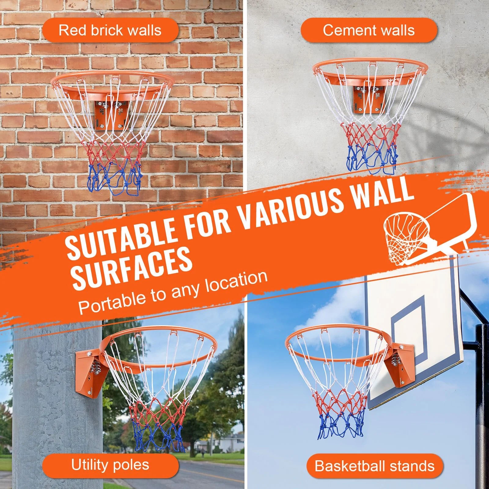Doba Basketball Rim, Wall Door Mounted Basketball Hoop, Heavy Duty Q235 Basketball Flex Rim Goal Replacement with Net, Standard 18" Indoor and Outdoor Hanging Basketball Hoop for Kids Adults