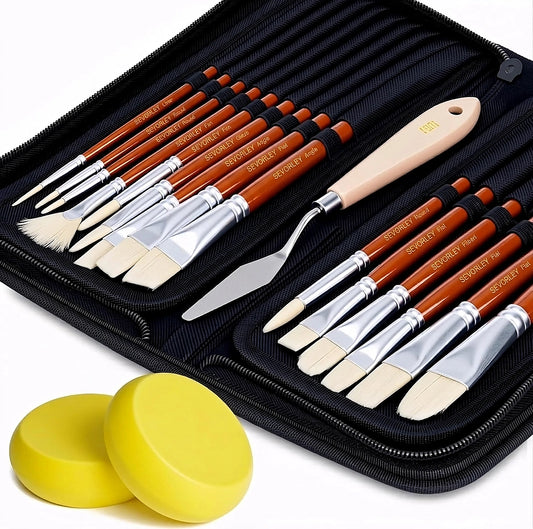 Doba Artist Paint Brush Set (15pc) - Short Handle Hog Bristle Brushes for Oil, Acrylic, Gouache, Watercolor - Includes Pop-Up Case, Palette Knife & Sponges - Professional Art Supplies Wood