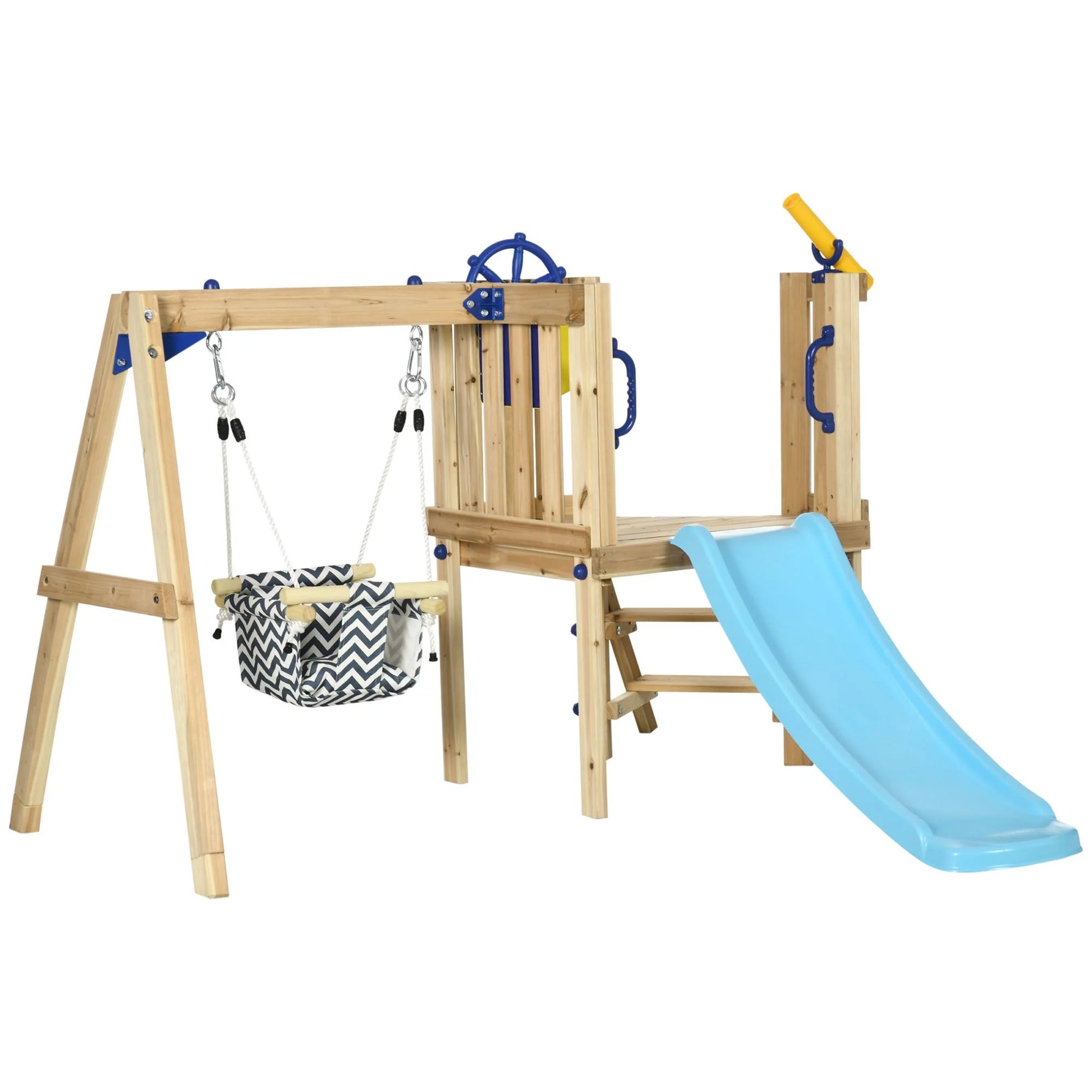 Doba 3-in-1 Wooden Swing Set with Slide, Swing Seat, Fort, Wheel, Telescope & Mailbox, for 1.5-4 Years Old, Children's Outdoor Toys