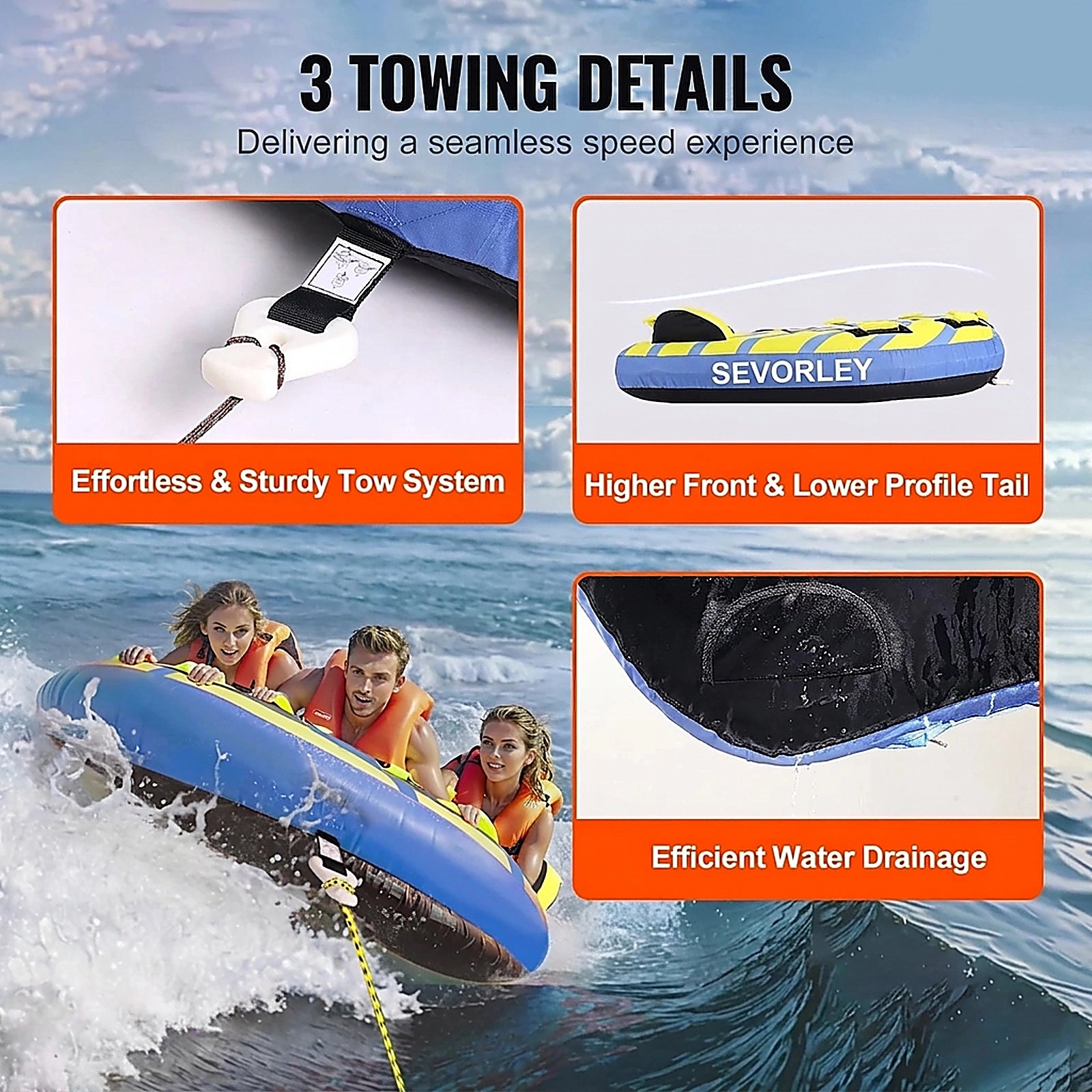 Doba Towable Tube for Boating, 1-3 Riders Inflatable Towable Tube with Bumper Fins, 510 lbs Water Sport Towable Tubes for Boats to Pull, Full Nylon Cover, EVA Grab Handles and Speed Safety Valve