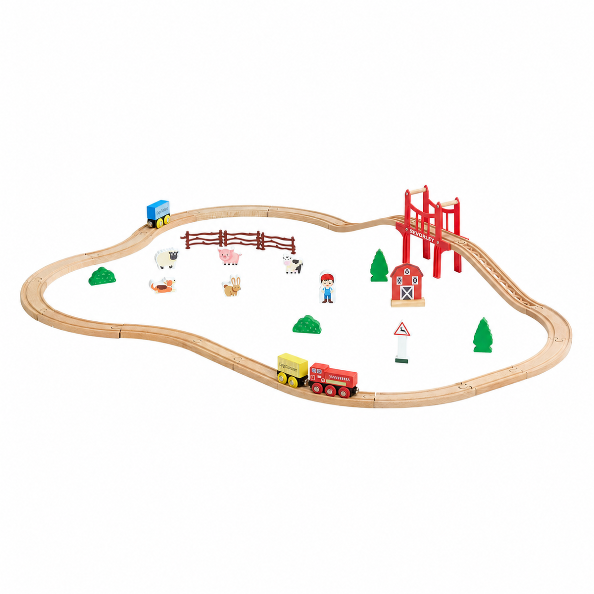 Doba SEVORLEY 39-Piece Wooden Train Set with Magnetic Trains, Beech Wood Tracks, Accessories, and Storage Box