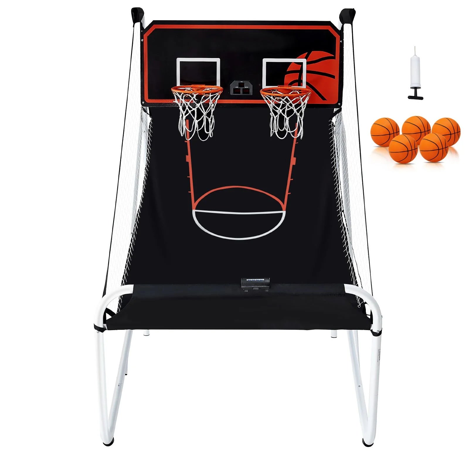 Doba Foldable Basketball Arcade Game, 2 Player Indoor Basketball Game, Home Dual Shot Sport with 5 Balls, 8 Game Modes, Electronic Scoreboard, and Inflation Pump, for Kids, Adults (Black & White)