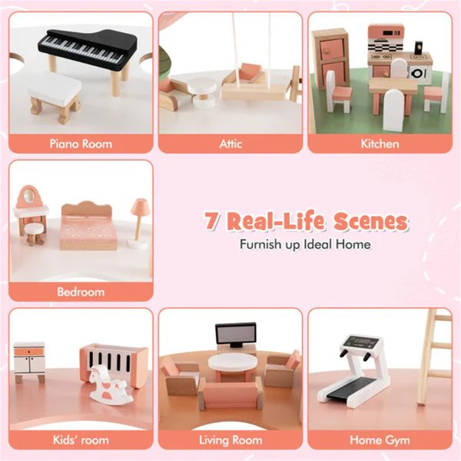 Doba 3-Tier Dollhouse with 7 Rooms & 31 Cute Furniture, MDF+Pine Wood Corner Design Kids Toy