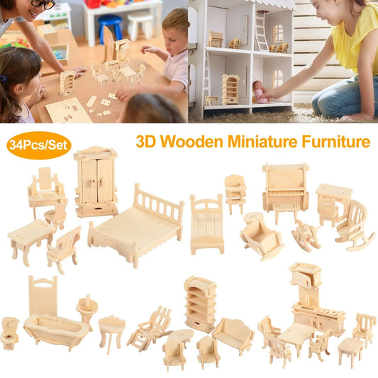 Doba 3D Wooden Dollhouse Furniture Puzzles DIY Miniature Furniture Models Set
