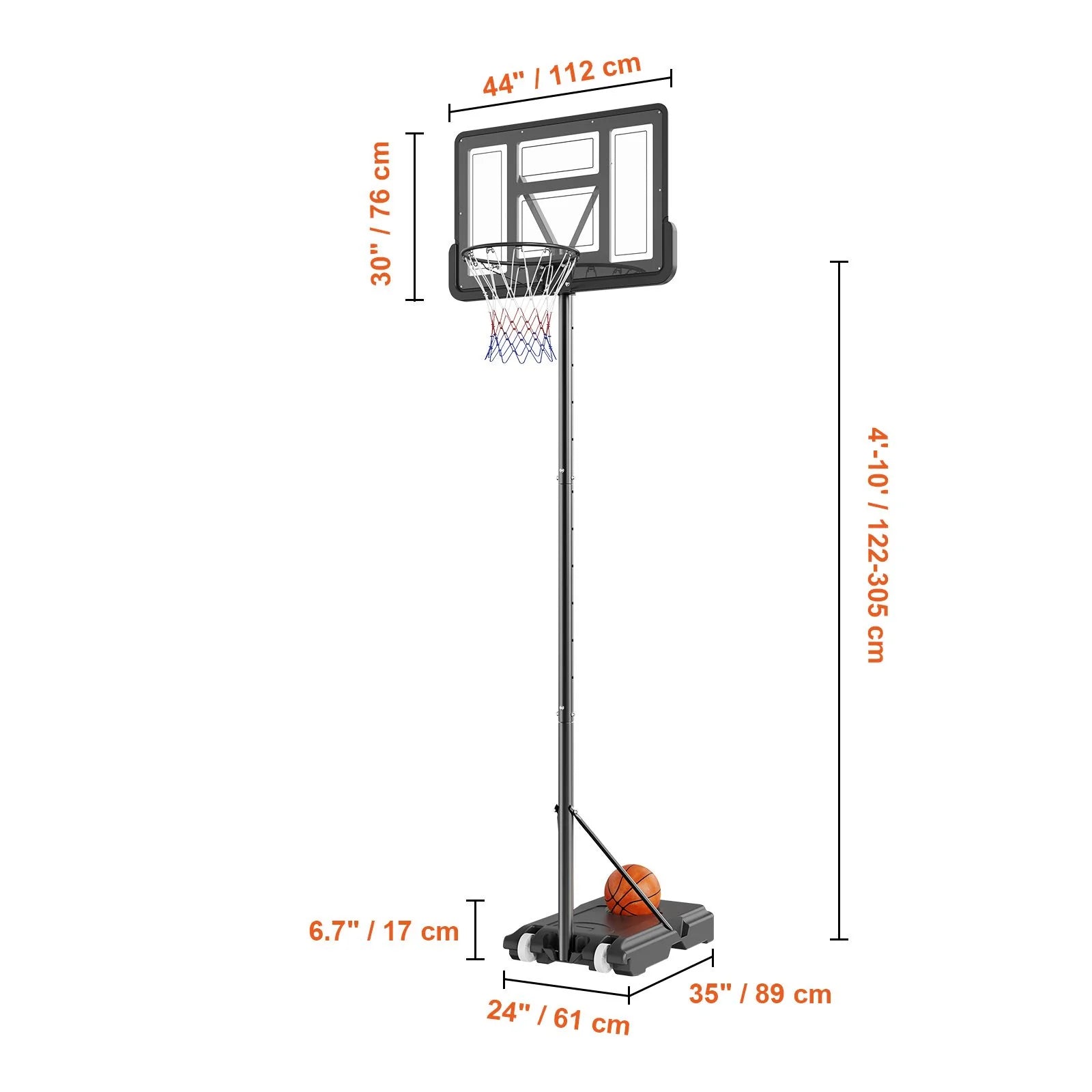Doba Basketball Hoop, 4-10 ft Adjustable Height Portable Backboard System, 44 inch Basketball Hoop & Goal, Kids & Adults Basketball Set with Wheels, Stand, and Fillable Base, for Outdoor/Indoor