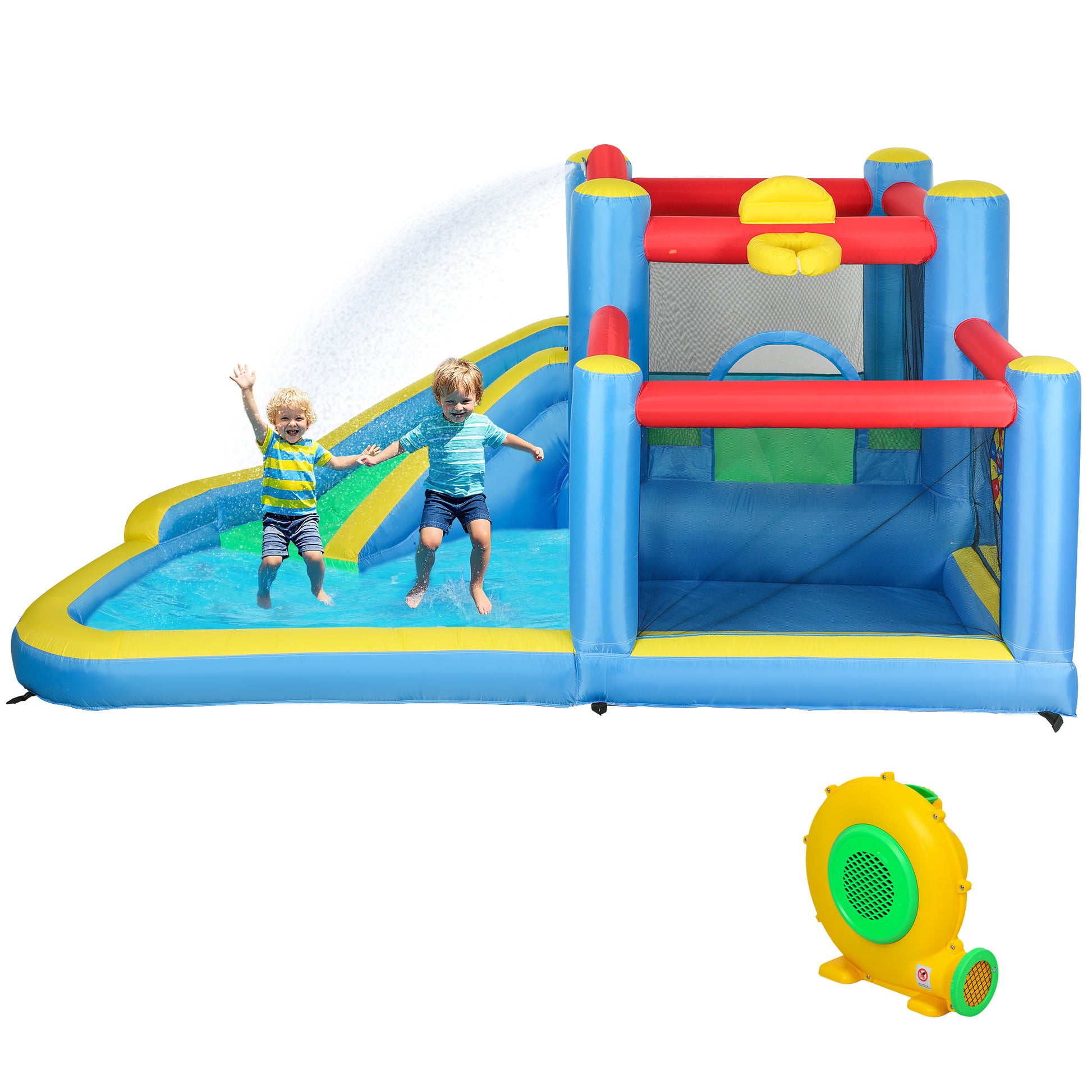 SEVORLEY 5-in-1 Inflatable Water Slide Bouncer – 151" x 114" Backyard Water Park with Slide, Splash Pool, Basketball Hoop, Trampoline & Dart Game, 550W Blower Included, Ages 3-8