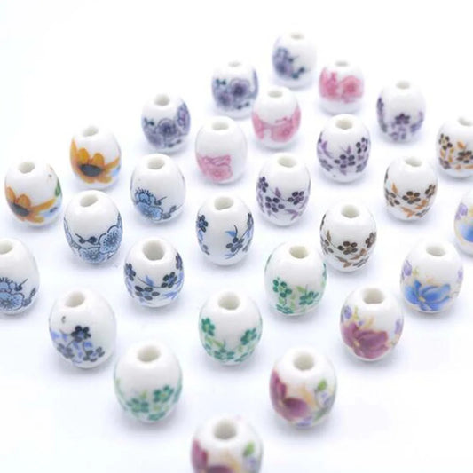 Doba 50pcs Blue White Porcelain Pattern Loose Beads Waist Drum Shaped Chinese Knot DIY Bracelets Ceramic Beads,Assorted Color