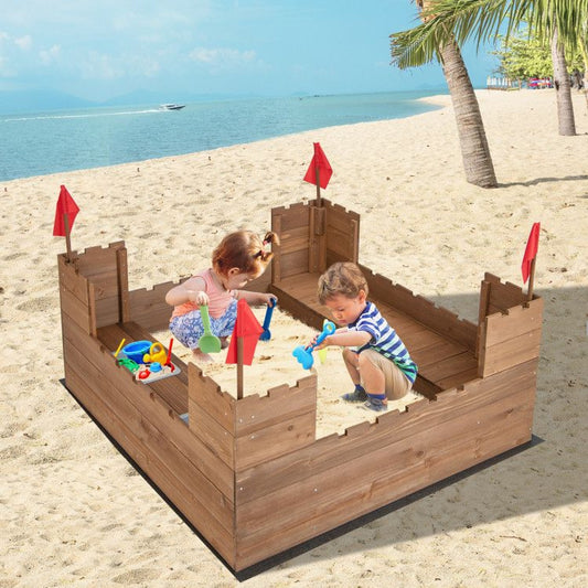 Doba Kids Wooden Sandbox with Bottom Liner and Red Flags