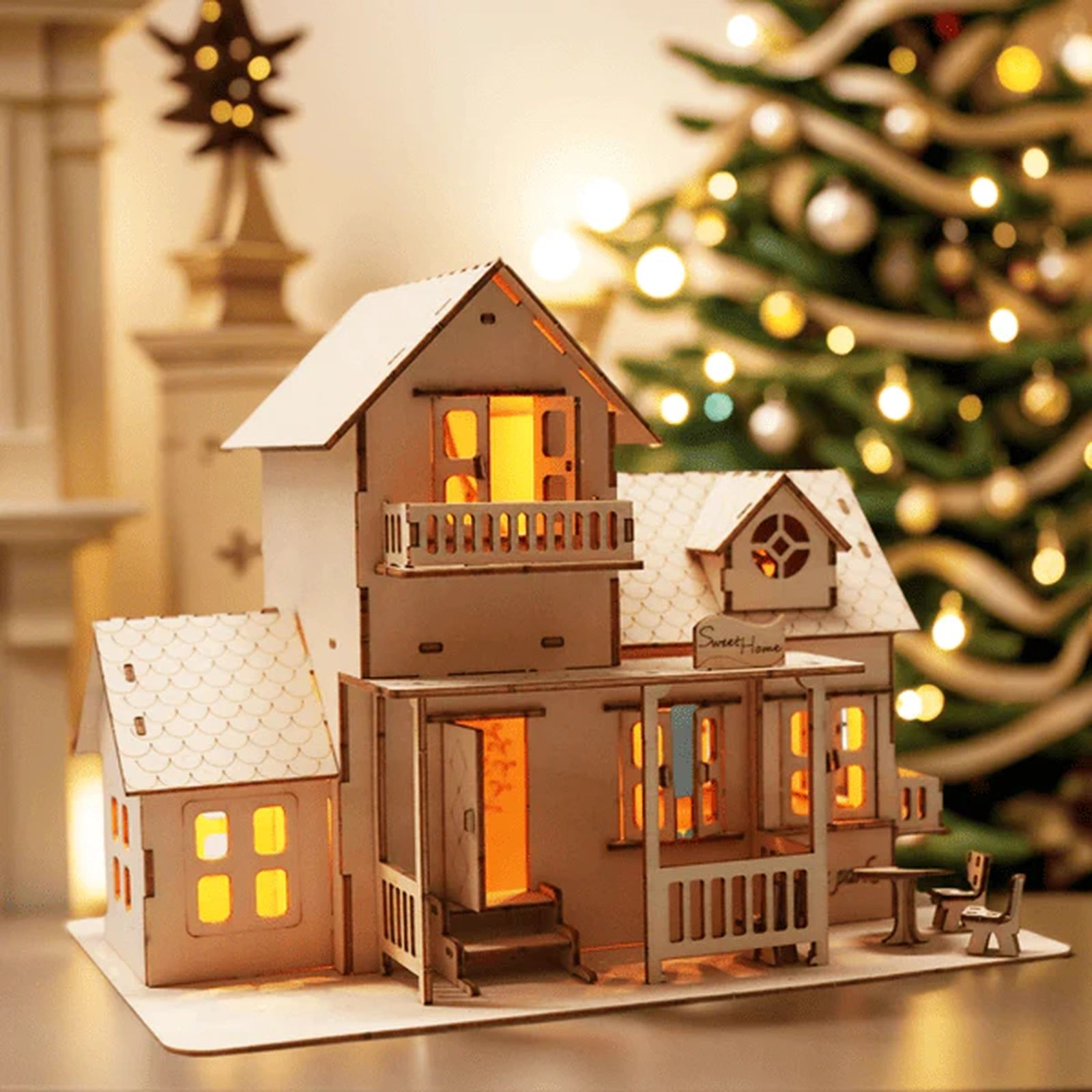 Doba 3D Wooden Puzzle Sweet Home Music Box Hands Craft Miniature Dollhouse Kits 3D Model Diy House Building with LED Night Lights Gifts for Christmas