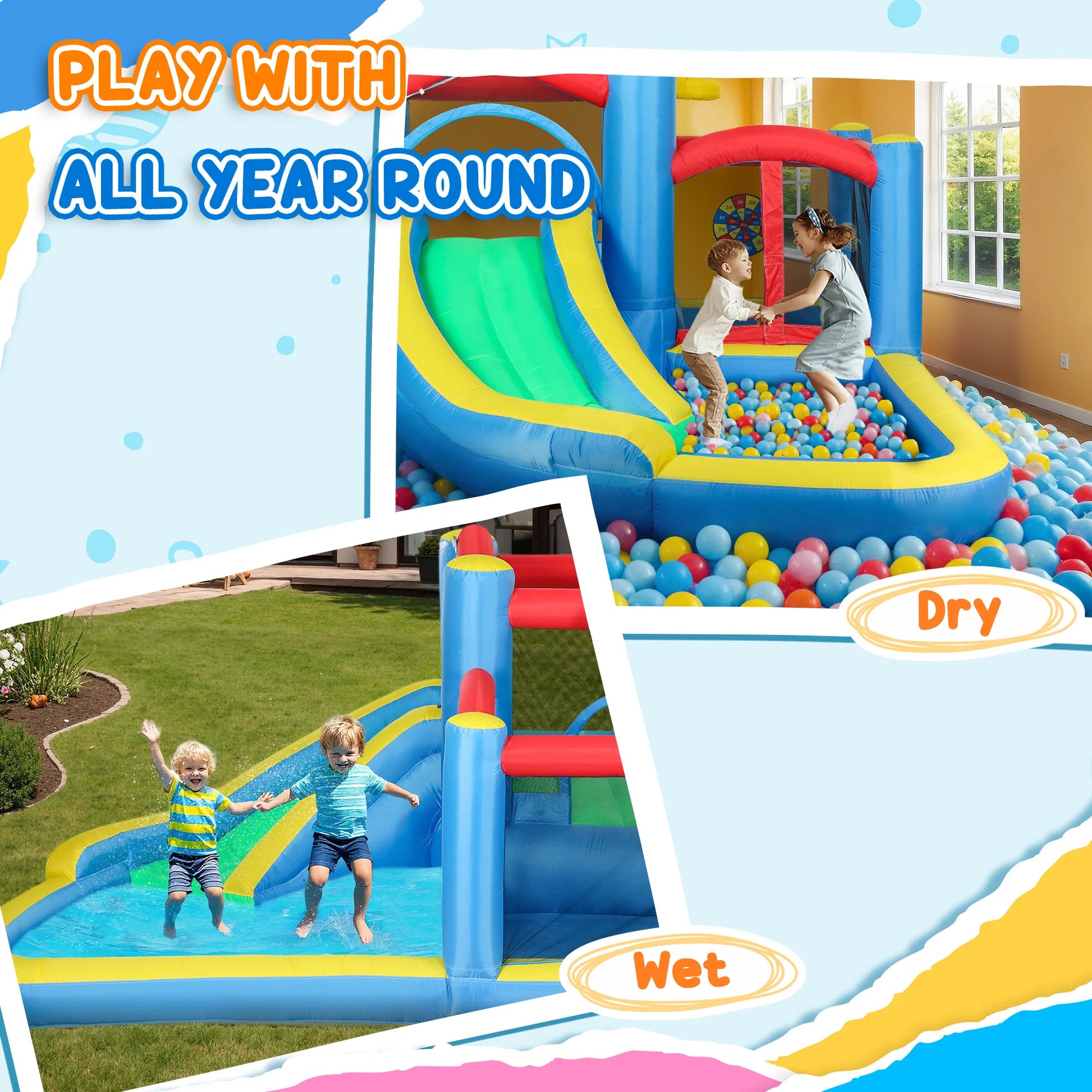 SEVORLEY 5-in-1 Inflatable Water Slide Bouncer – 151" x 114" Backyard Water Park with Slide, Splash Pool, Basketball Hoop, Trampoline & Dart Game, 550W Blower Included, Ages 3-8