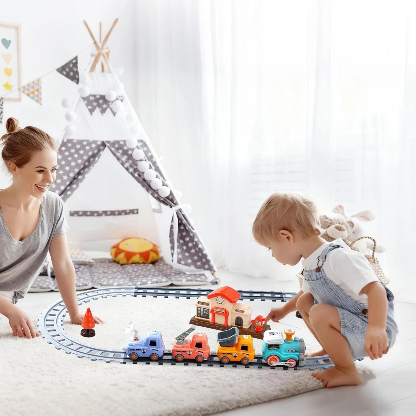 Doba Kids Electric Train Set with Remote - Immersive Play with Authentic Train Sounds, Smoke Effects & Colorful Lights, Magnetic Connection Locomotive + 3 Trucks, Easy Assembly Tracks & Accessories, Perfec