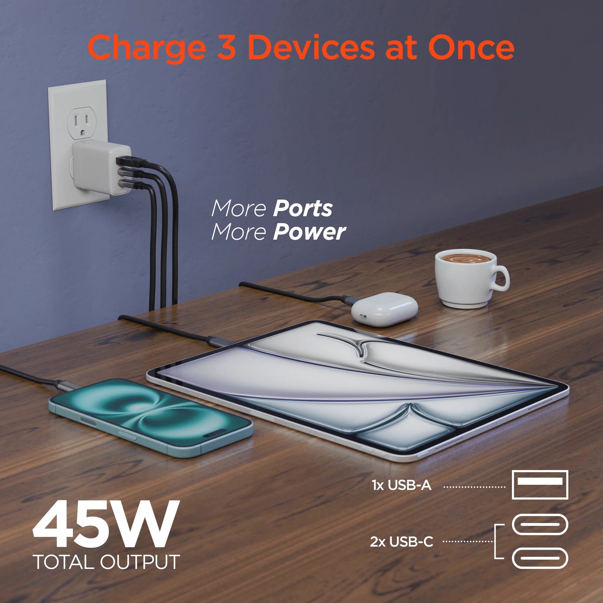Doba HyperGear 45W USB-C PD PPS Tri-Port GaN Fast Wall Charger