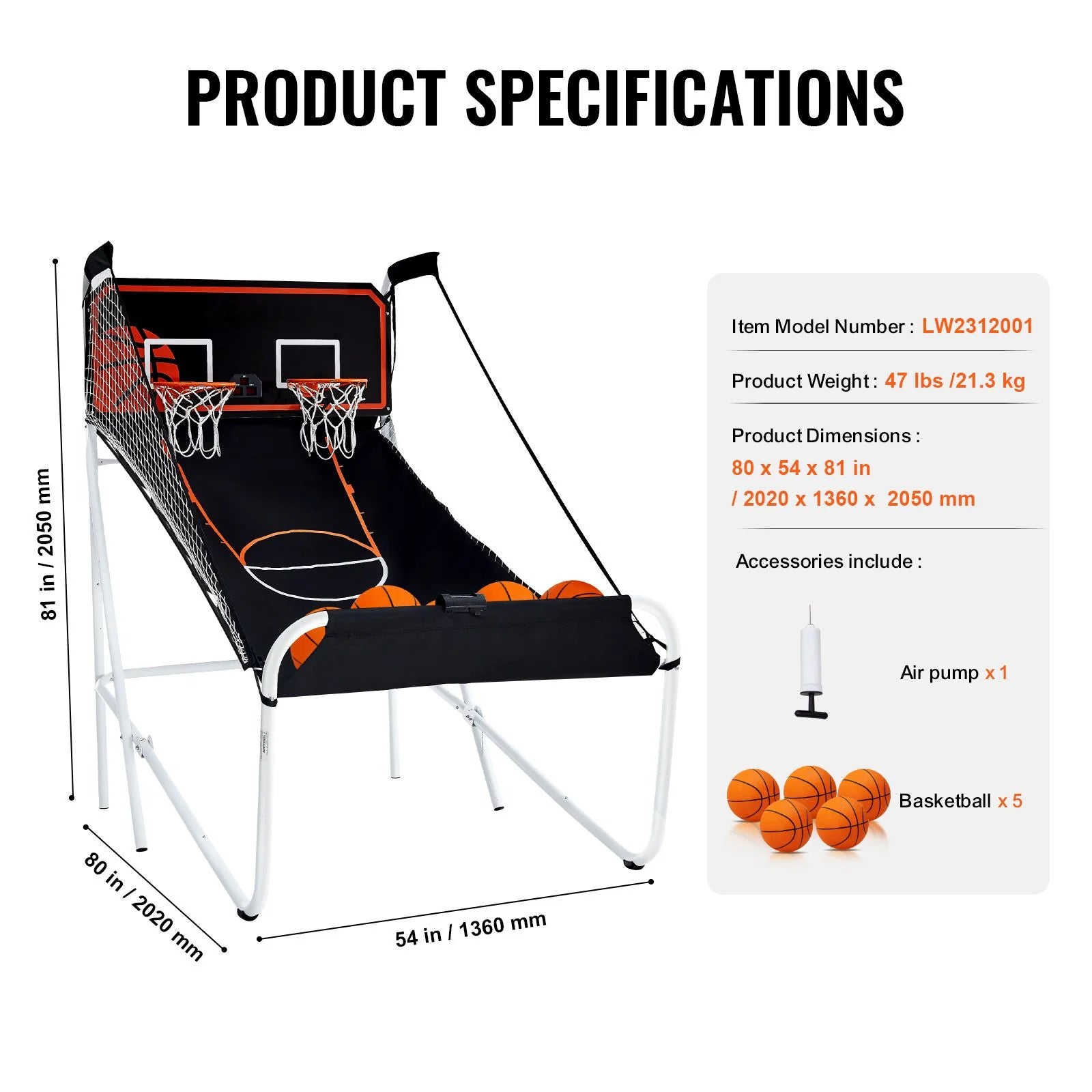 Doba Foldable Basketball Arcade Game, 2 Player Indoor Basketball Game, Home Dual Shot Sport with 5 Balls, 8 Game Modes, Electronic Scoreboard, and Inflation Pump, for Kids, Adults (Black & White)