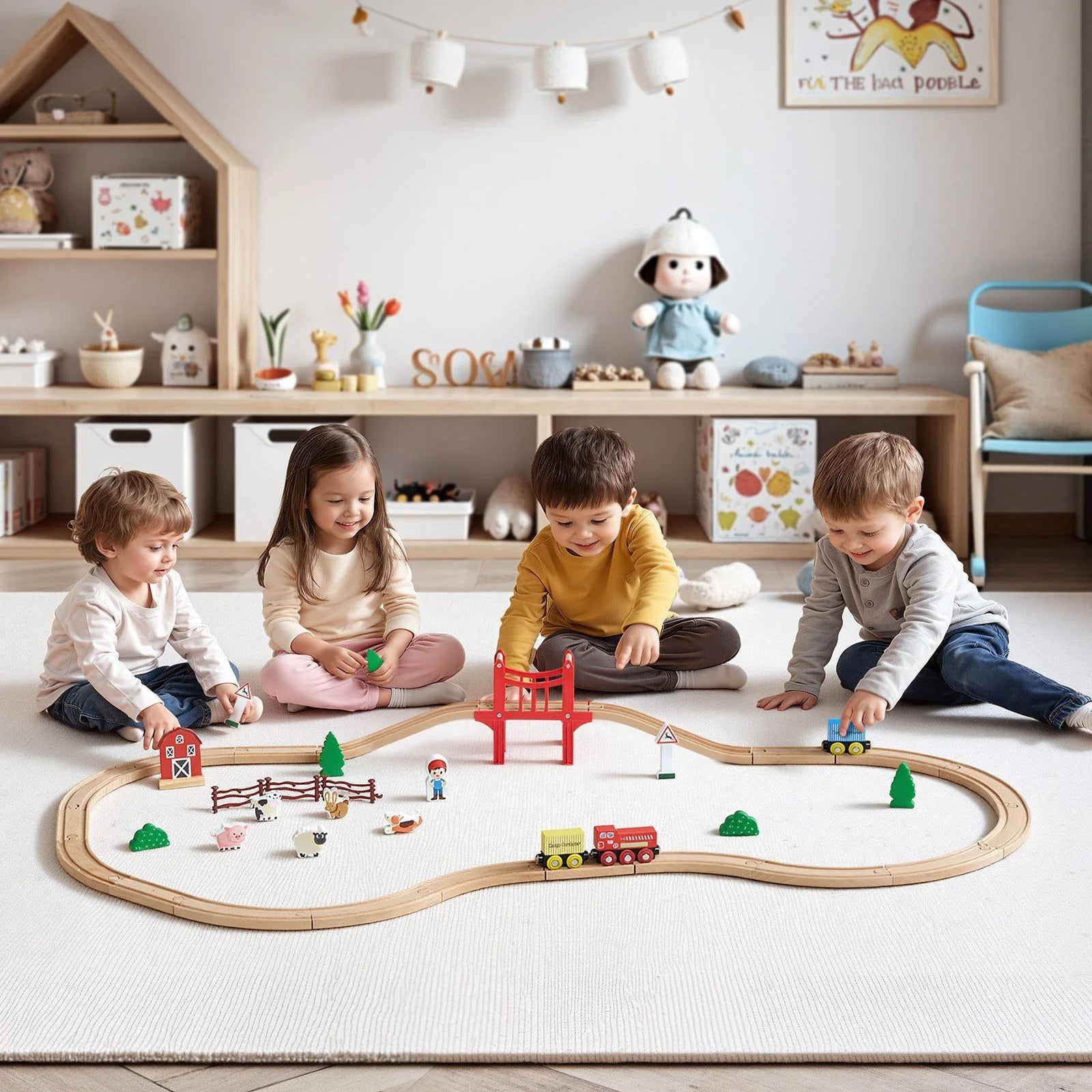 Doba Wooden Train Set, 39PCS, Wood Train Track with Magnetic Trains and Railway Accessories, Compatible with Major Brands, Small Town, Christmas Birthday Toy for Kids Toddlers Ages 3-8 Boys and Girls