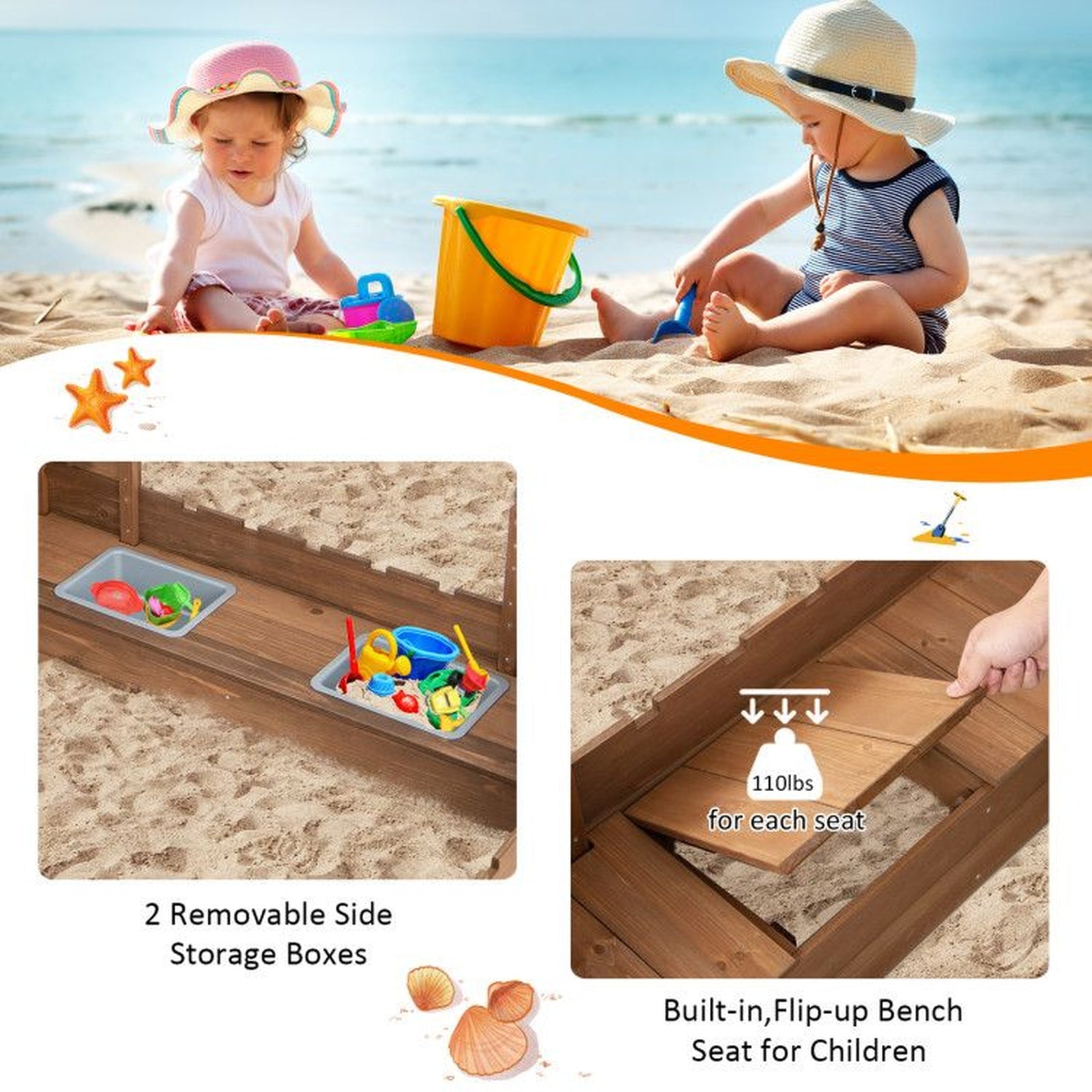 Doba Kids Wooden Sandbox with Bottom Liner and Red Flags
