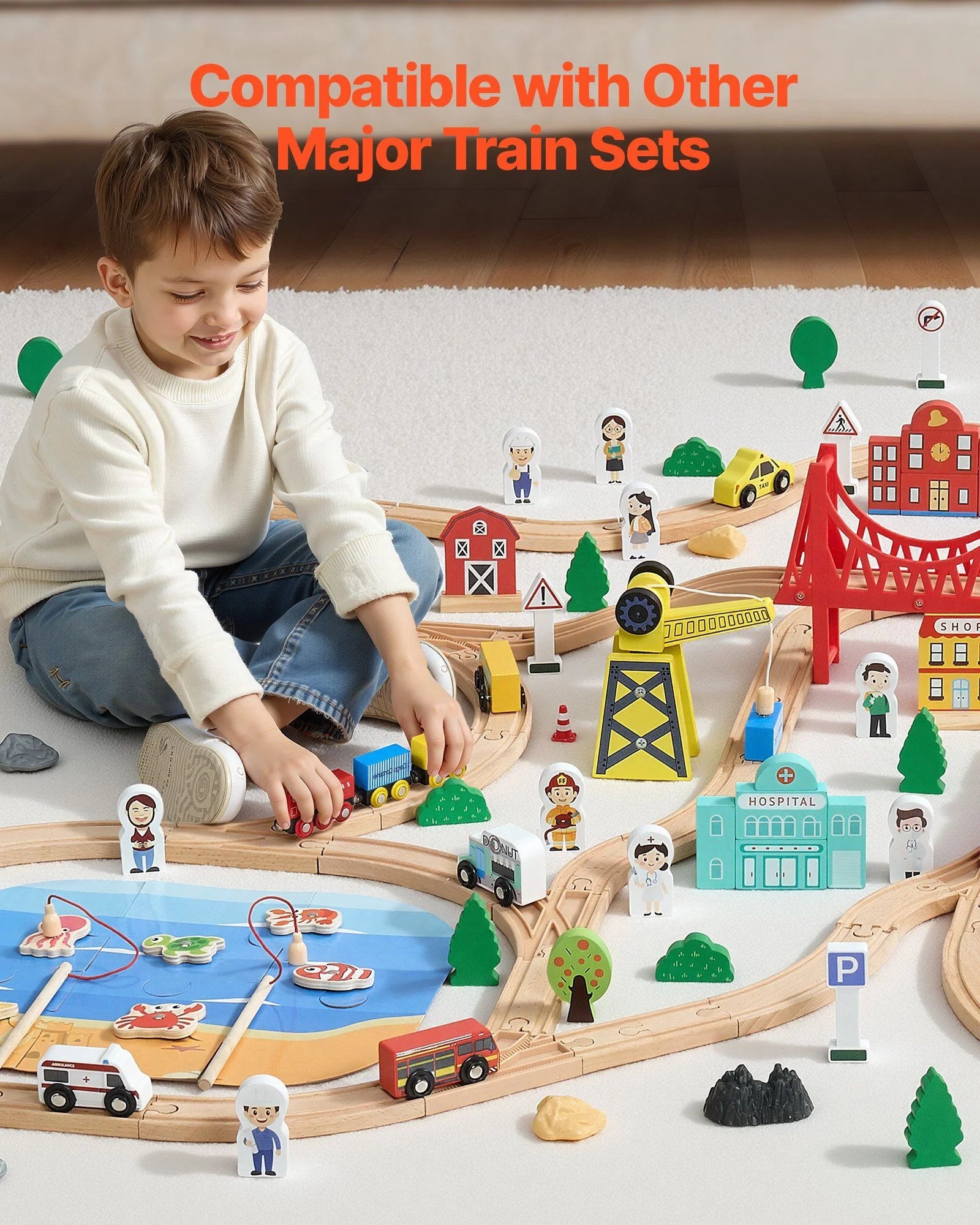 Doba Wooden Train Set, 39PCS, Wood Train Track with Magnetic Trains and Railway Accessories, Compatible with Major Brands, Small Town, Christmas Birthday Toy for Kids Toddlers Ages 3-8 Boys and Girls