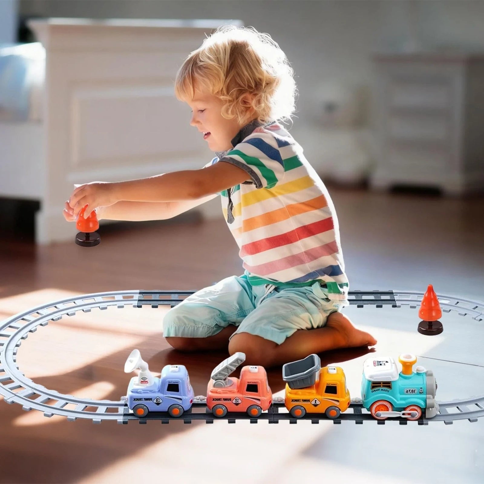 Doba Kids Electric Train Set with Remote - Immersive Play with Authentic Train Sounds, Smoke Effects & Colorful Lights, Magnetic Connection Locomotive + 3 Trucks, Easy Assembly Tracks & Accessories, Perfec