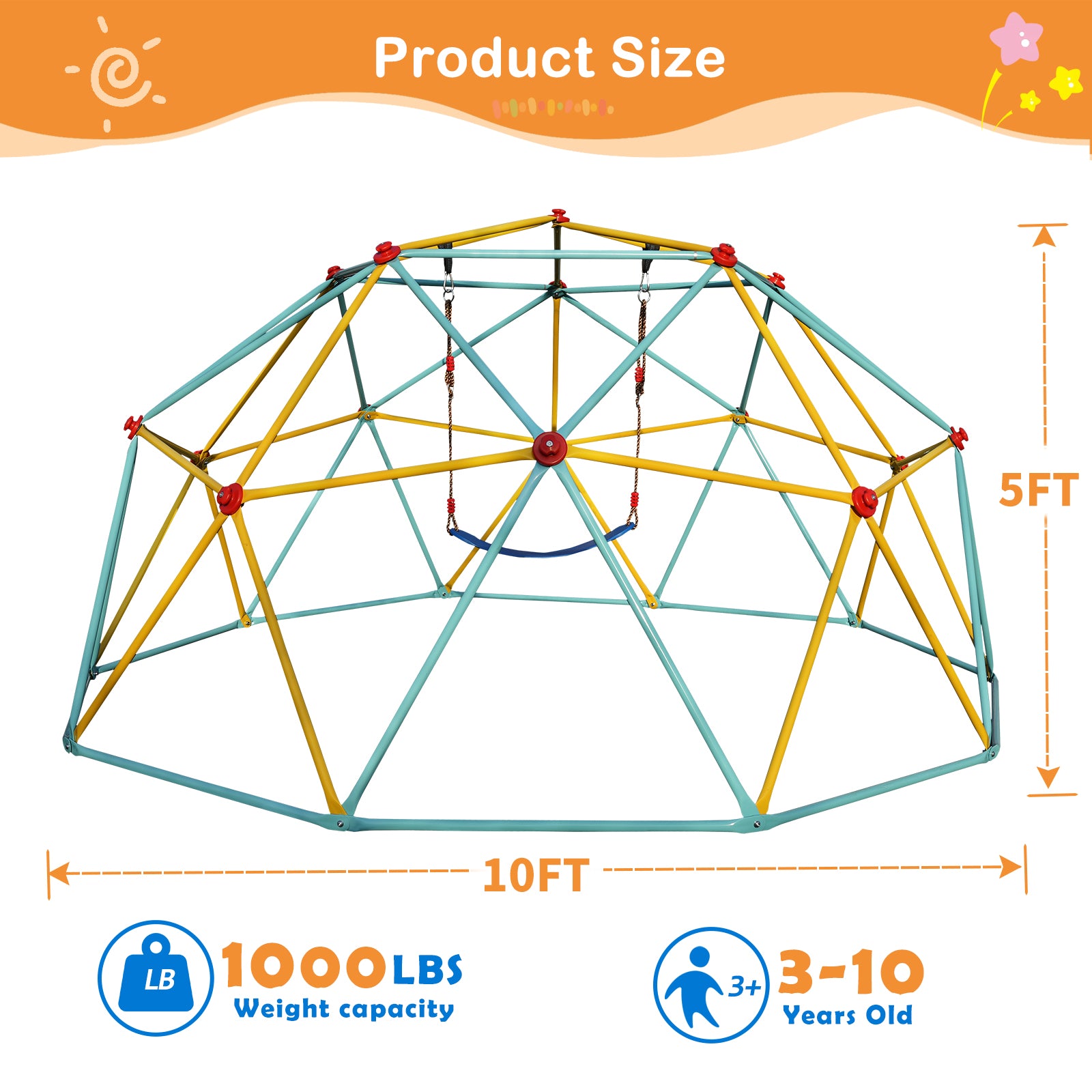 SEVORLEY Heavy-Duty Dome Climber – 10ft x 10ft x 5ft Outdoor Jungle Gym with Hammock, Hot-Dip Galvanized Steel Frame, Supports Up to 1000 lbs, Ages 3-10, Backyard Playground Set