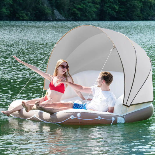 SEVORLEY Inflatable Floating Island Lounge – 71" x 71" Water Raft with Adjustable Removable Sunshade Canopy, SPF50+ Protection, Cup Holders, 441 lbs Capacity for Pool, Lake, Beach, Patio
