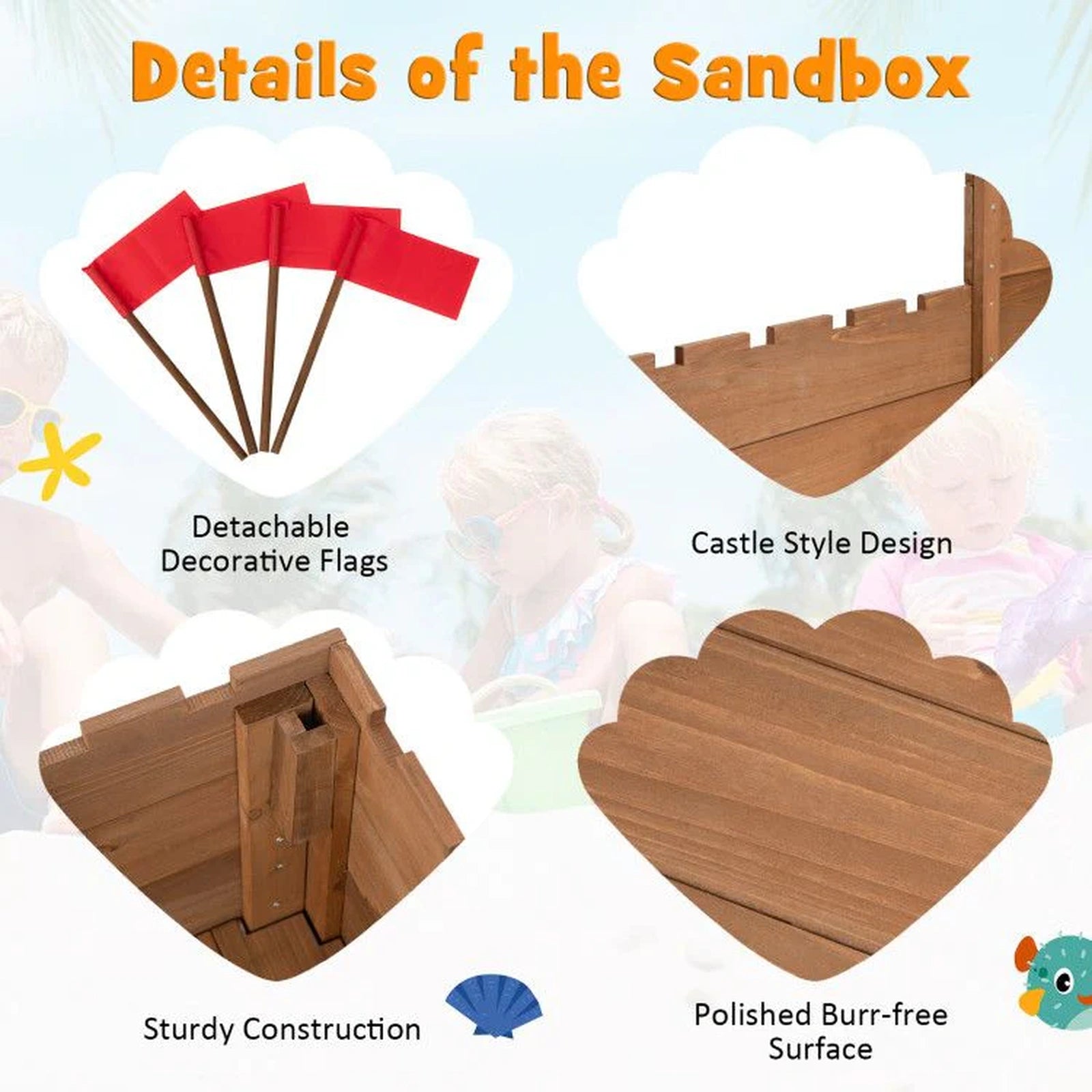 Doba Kids Wooden Sandbox with Bottom Liner and Red Flags