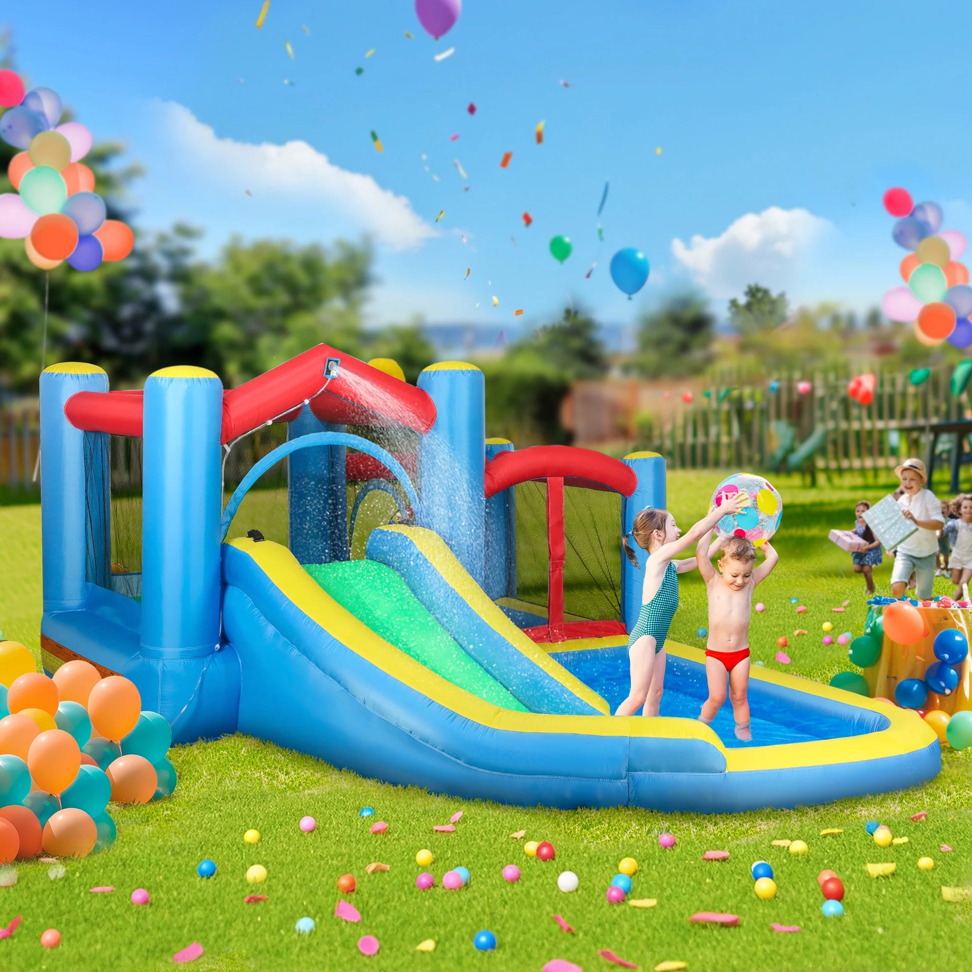 SEVORLEY 5-in-1 Inflatable Water Slide Bouncer – 151" x 114" Backyard Water Park with Slide, Splash Pool, Basketball Hoop, Trampoline & Dart Game, 550W Blower Included, Ages 3-8
