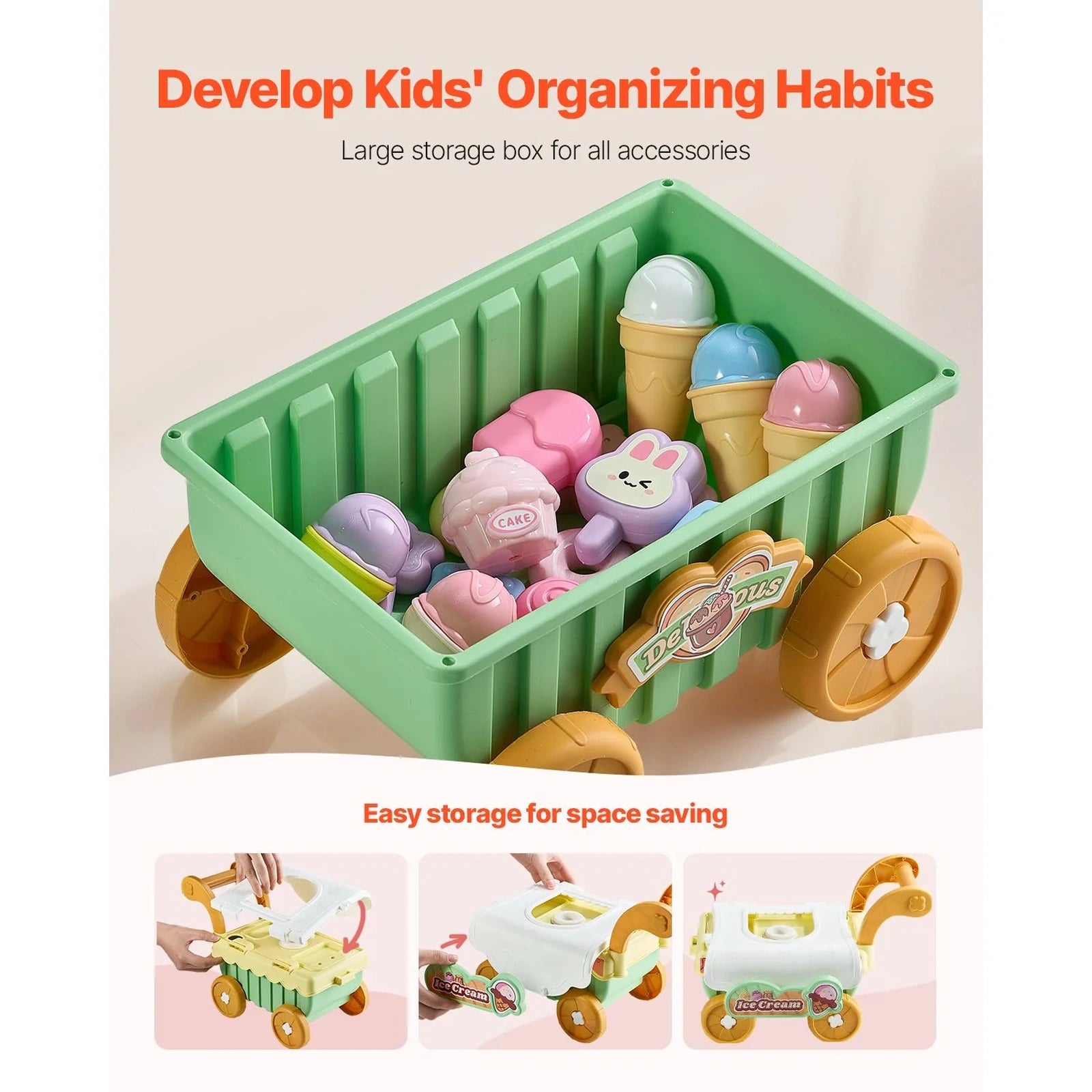 Doba Ice Cream Cart for Kids, 27 PCS Accessories, Pretend Play Store with Storage Trolley with Pretend Money, Sound & Light Effects, Montessori Educational Ice Cream Truck Toys for Toddlers 3+