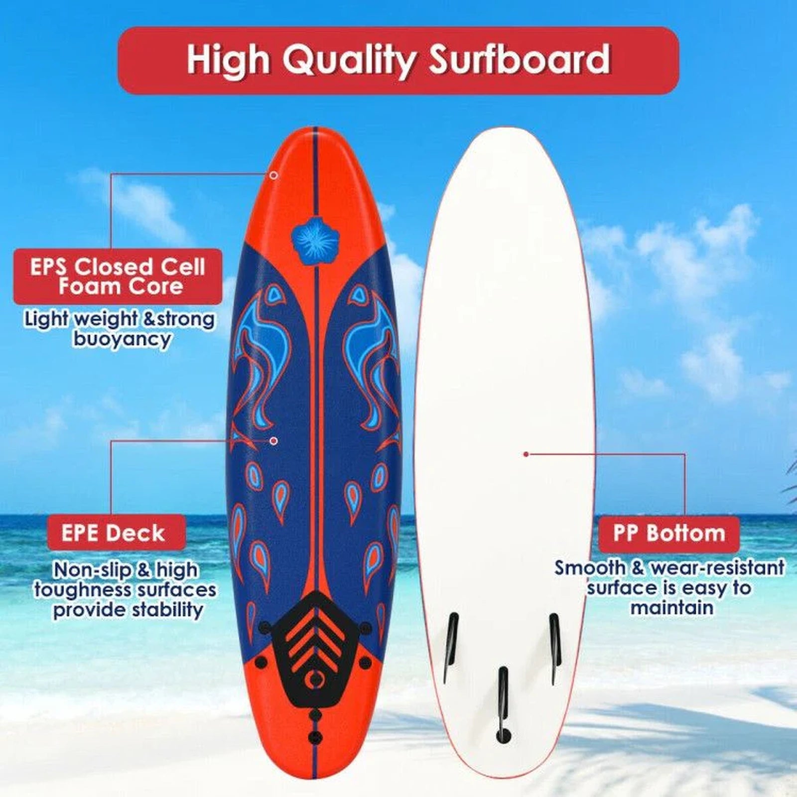 Doba 6 Feet Surfboard with 3 Detachable Fins