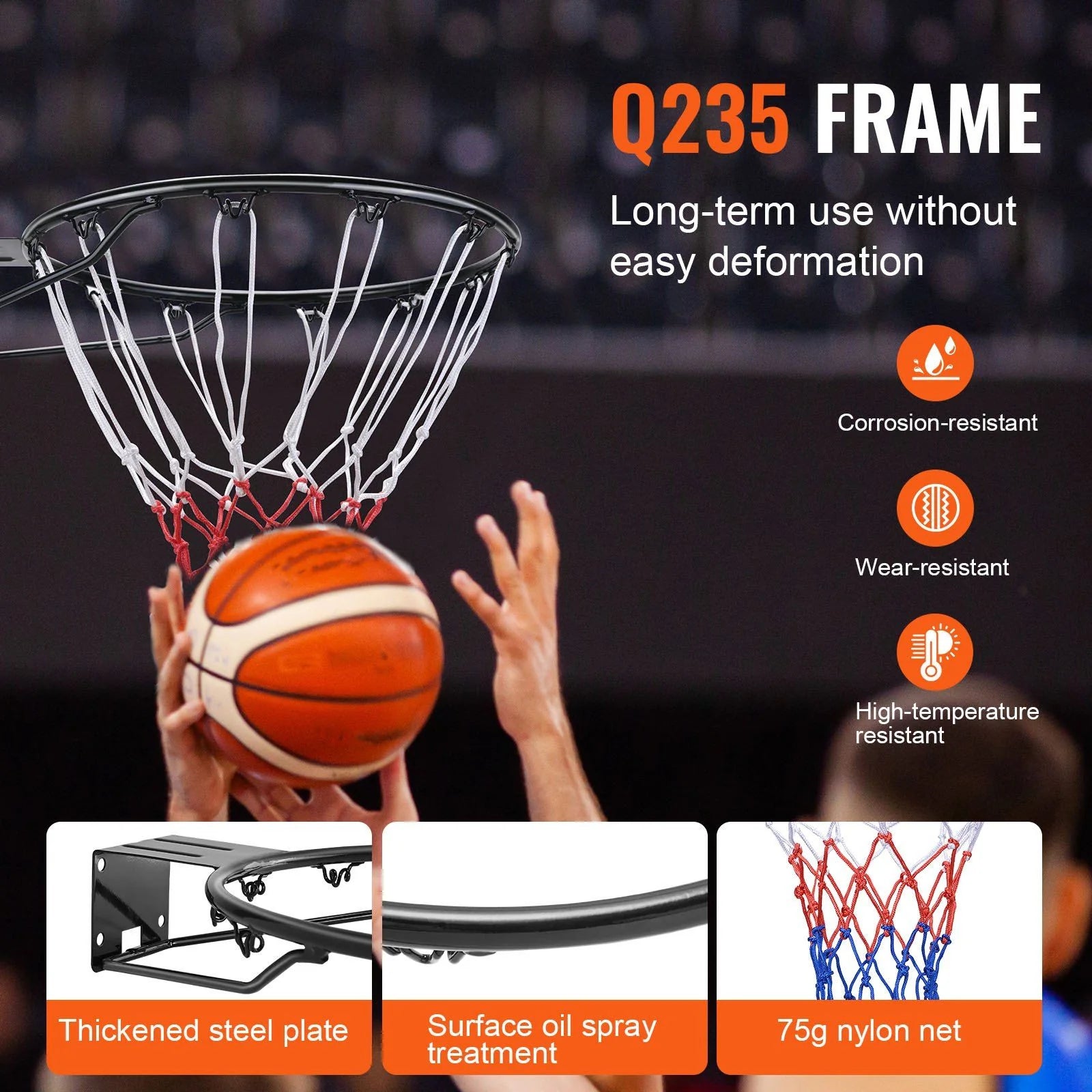 Doba Basketball Rim, Wall Door Mounted Basketball Hoop, Heavy Duty Q235 Basketball Flex Rim Goal Replacement with Net and Double Spring, Standard 18" Indoor Outdoor Hanging Hoop for Kids Adults