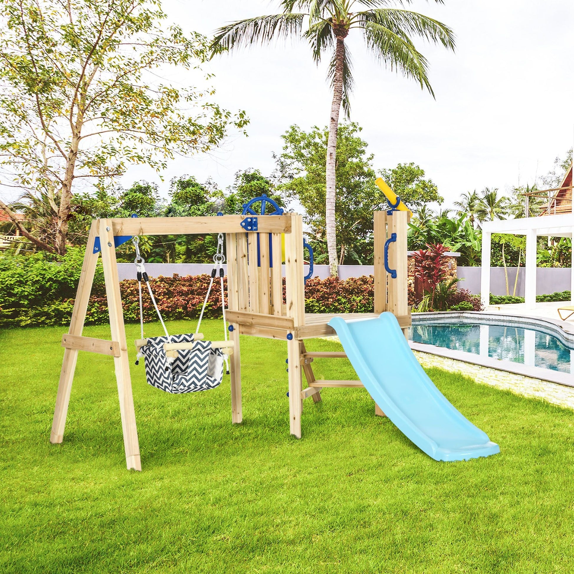 Doba 3-in-1 Wooden Swing Set with Slide, Swing Seat, Fort, Wheel, Telescope & Mailbox, for 1.5-4 Years Old, Children's Outdoor Toys
