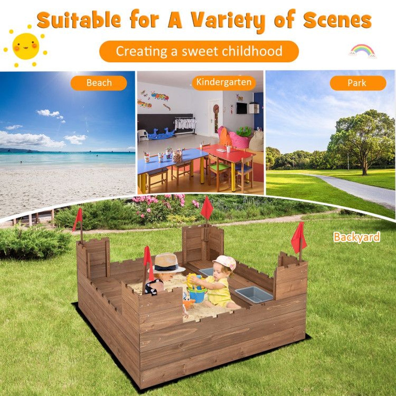 Doba Kids Wooden Sandbox with Bottom Liner and Red Flags