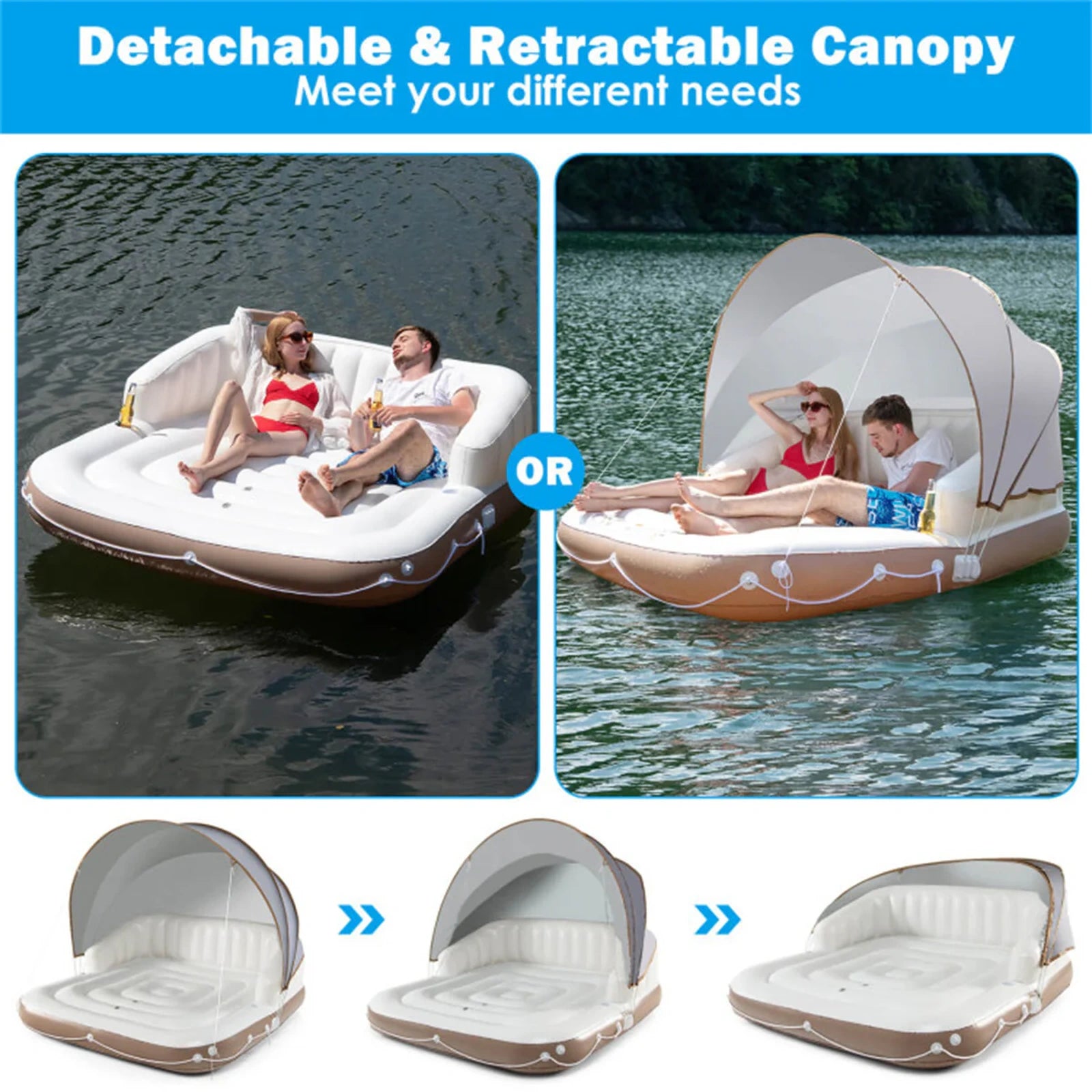 SEVORLEY Inflatable Floating Island Lounge – 71" x 71" Water Raft with Adjustable Removable Sunshade Canopy, SPF50+ Protection, Cup Holders, 441 lbs Capacity for Pool, Lake, Beach, Patio