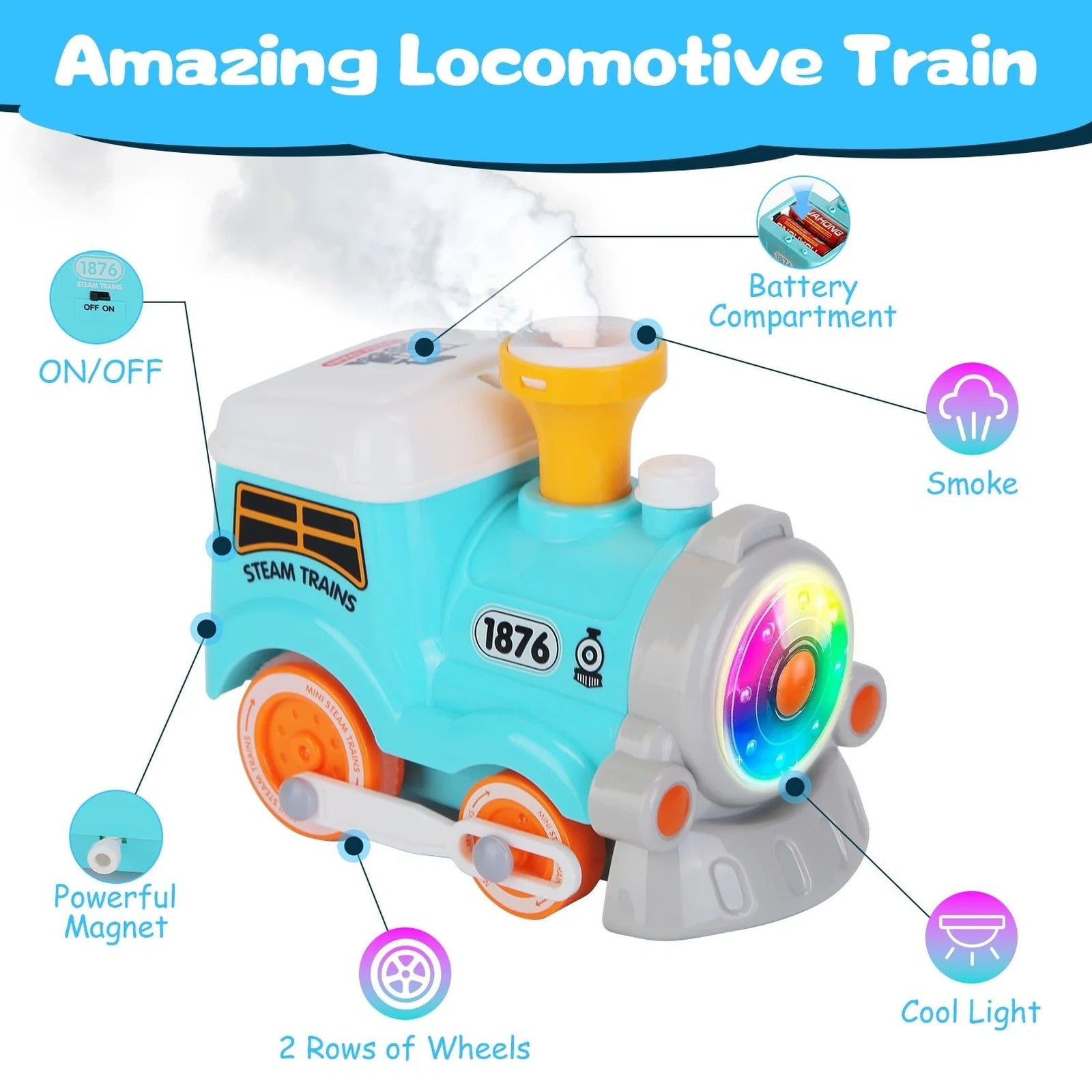 Doba Kids Electric Train Set with Remote - Immersive Play with Authentic Train Sounds, Smoke Effects & Colorful Lights, Magnetic Connection Locomotive + 3 Trucks, Easy Assembly Tracks & Accessories, Perfec