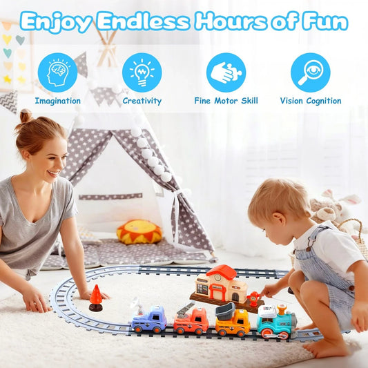 Doba Kids Electric Train Set with Remote - Immersive Play with Authentic Train Sounds, Smoke Effects & Colorful Lights, Magnetic Connection Locomotive + 3 Trucks, Easy Assembly Tracks & Accessories, Perfec