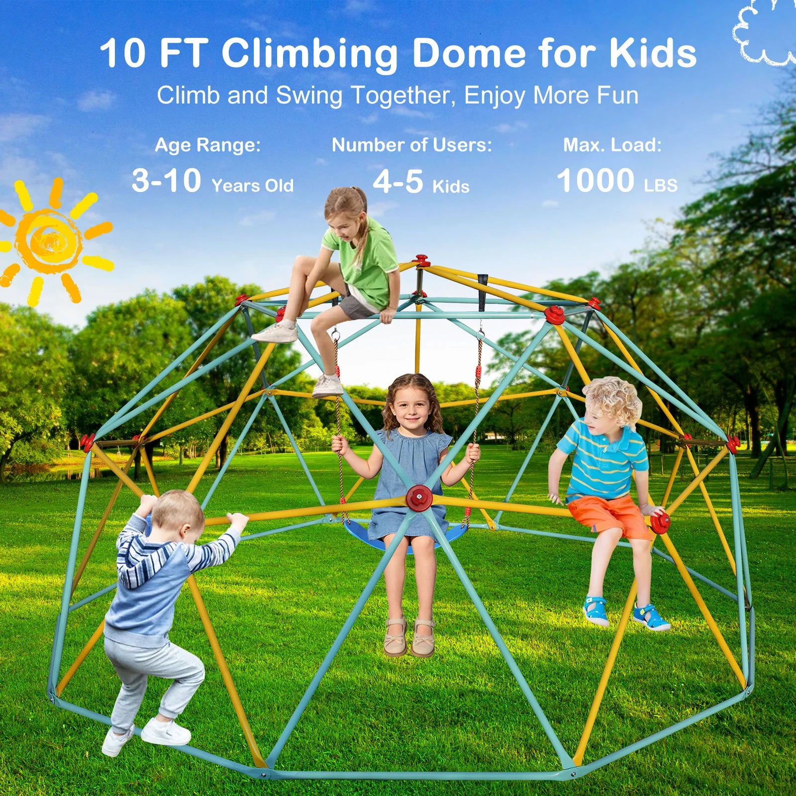 SEVORLEY Heavy-Duty Dome Climber – 10ft x 10ft x 5ft Outdoor Jungle Gym with Hammock, Hot-Dip Galvanized Steel Frame, Supports Up to 1000 lbs, Ages 3-10, Backyard Playground Set