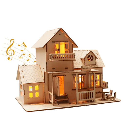 Doba 3D Wooden Puzzle Sweet Home Music Box Hands Craft Miniature Dollhouse Kits 3D Model Diy House Building with LED Night Lights Gifts for Christmas default title